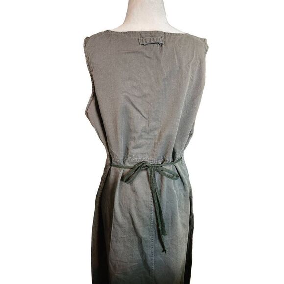 90s Vintage Cargo Dress Khaki Green Pockets Button Front Maxi Cotton Tie Back16 - Picture 3 of 6
